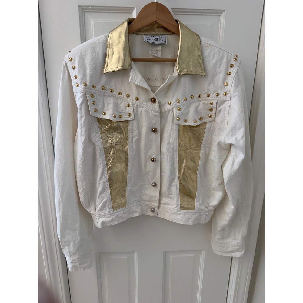 Vintage 80s d.Frank Studded Metallic Trim Denim Jacket White Gold Size 12 Glam